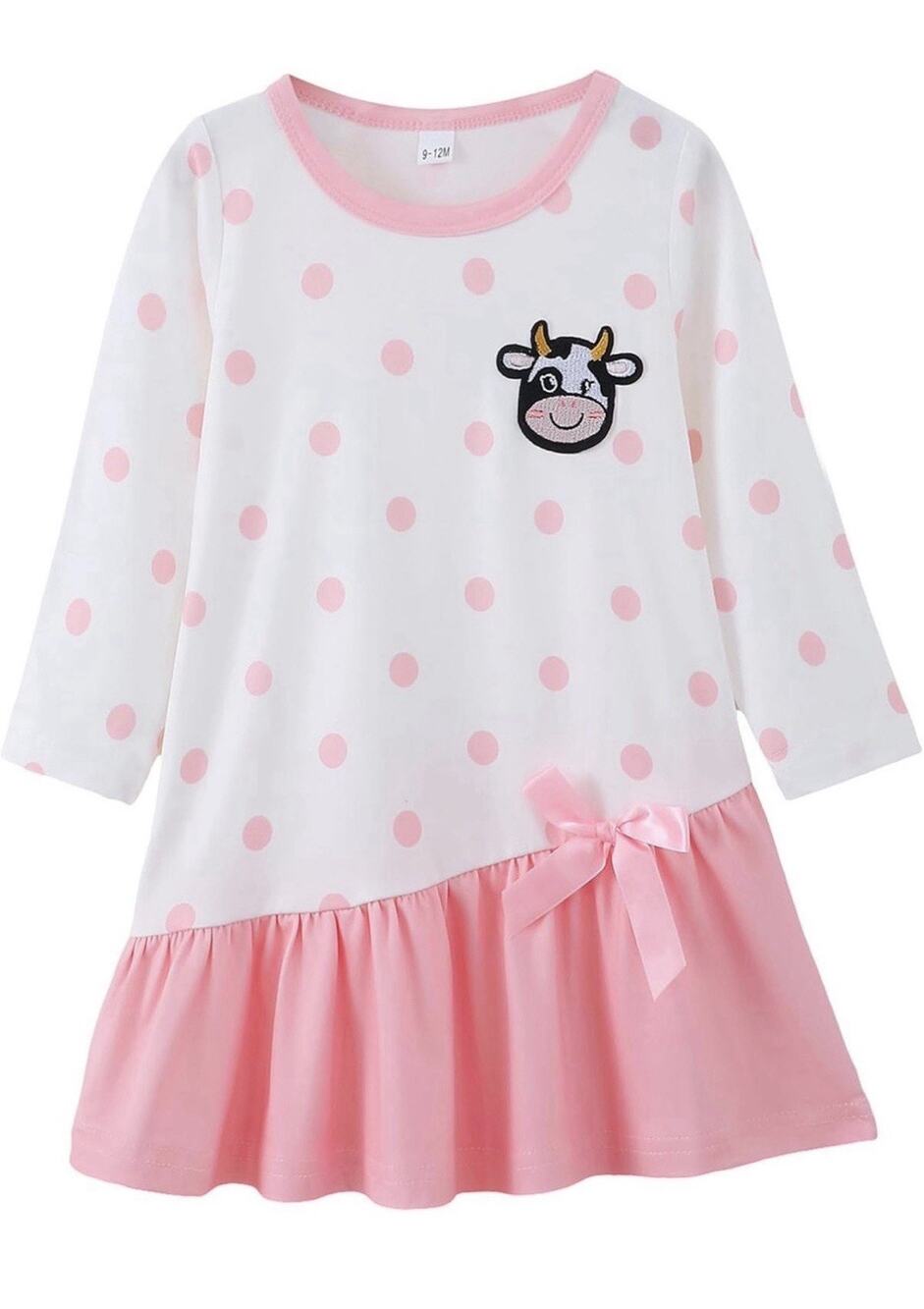 Baby Girl Soft Long Sleeve Bow Polka Dot Cow Dress 18-24 Mo